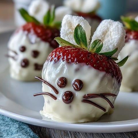 Sweet strawberry bunnies with pink candy melt noses, chocolate drizzle, and cute edible marshmallow ears for Easter fun.