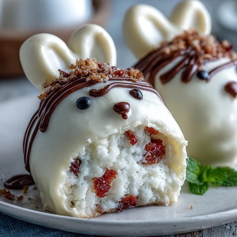 Adorable Easter strawberry bunnies dipped in creamy white chocolate and decorated with marshmallow ears and candy eyes.