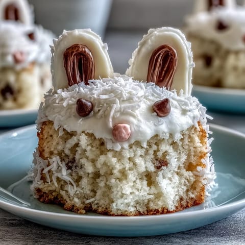 Cute mini bunny-shaped vanilla cakes frosted with pastel buttercream and decorated with candy faces and marshmallow ears for a festive Easter dessert.