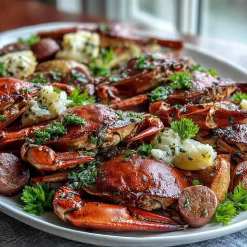 A vibrant spread of spicy crawfish, sweet corn, and tender potatoes, perfect for a Southern-style feast.  