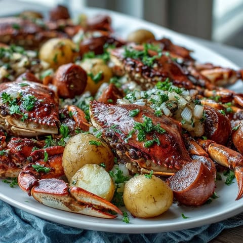 A steaming Cajun crawfish boil with corn, potatoes, and Andouille sausage, bursting with bold Louisiana spices.  