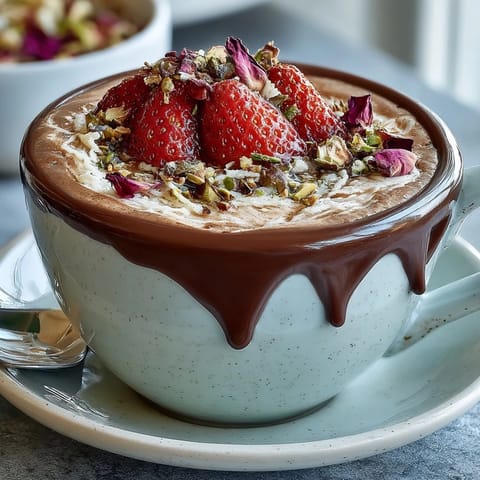 Dubai-style strawberry cups with kataifi and dark chocolate, a crispy pastry nest filled with fresh berries and rich ganache.