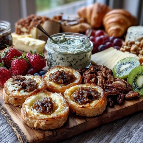 Elegant Mothers Day brunch board with mini quiches, fresh fruit, cheeses, and pastries, perfect for a festive celebration.