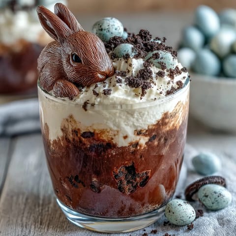 Easter Bunny Dirt Cups with Chocolate Pudding and Oreos: a playful dessert with chocolate pudding, crushed Oreos, and marshmallow bunnies.  