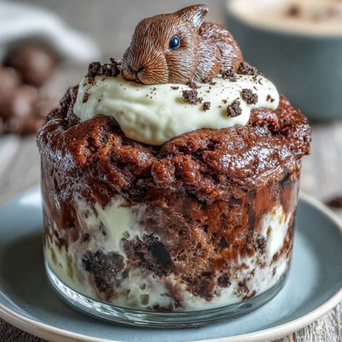 Layered chocolate pudding and crushed Oreos topped with whipped cream and festive Easter bunny candies in clear cups.  