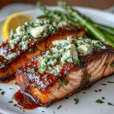 Oven-roasted salmon and asparagus in garlic butter sauce, garnished with lemon slices for a fresh, elegant presentation.