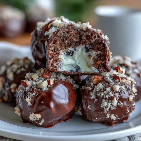 Bite-sized carrot cake truffles coated in smooth cream cheese icing, garnished with chopped nuts.  