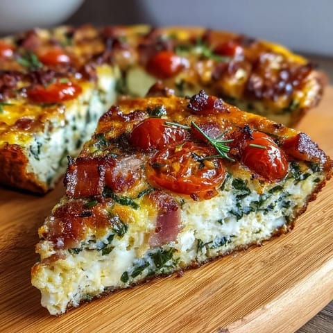 A golden one-pan ham and cheese frittata with spinach and tomatoes, baked to perfection in a skillet.