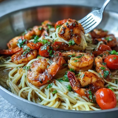 A vibrant one-pot garlic shrimp pasta with angel hair, cherry tomatoes, and fresh herbs in a lemon garlic sauce.