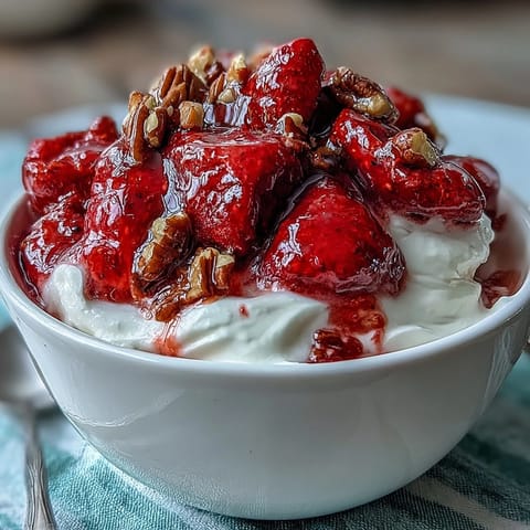 Fresh strawberry compote spooned over creamy Greek yogurt with crunchy nuts and honey drizzle.  