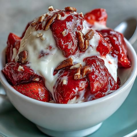 Vibrant strawberry compote served atop Greek yogurt bowls, garnished with nuts and fresh mint.  