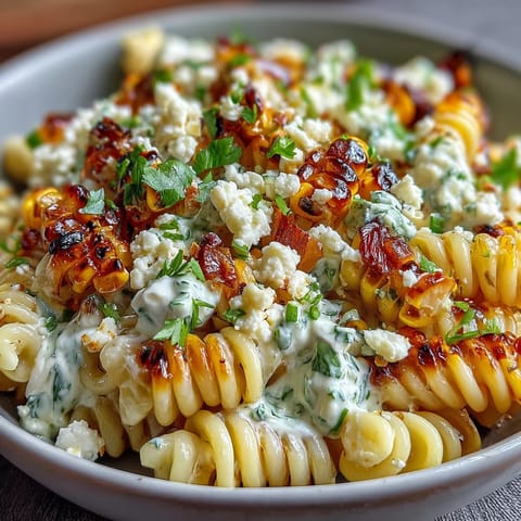 Creamy Mexican Street Corn Elote Pasta Salad with charred corn and cotija cheese, tossed in a zesty lime dressing.