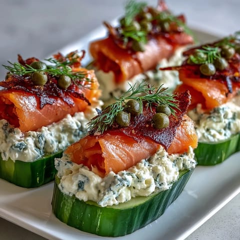 Crisp cucumber rounds topped with creamy dill-infused cheese and savory smoked salmon for a refreshing appetizer.