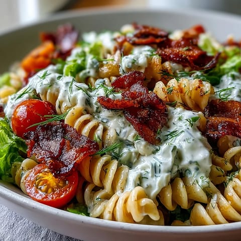 Vibrant BLT pasta salad with crispy bacon, fresh lettuce, cherry tomatoes, and creamy avocado ranch dressing, perfect for summer gatherings.