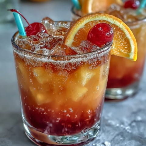 Vibrant ombre sunrise mocktail with grenadine, orange, and pineapple juices, served with a cherry and orange slice.  