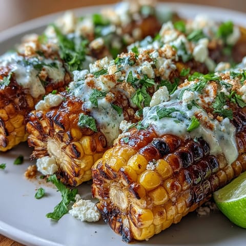 Grilled corn elote style with creamy sauce, crumbled cheese, and chili powder on a platter.