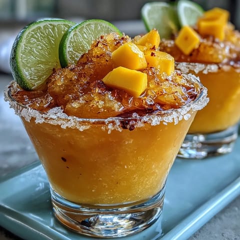 Vibrant frozen mango margarita mocktail with lime, orange, and Tajín rim in chilled glasses.