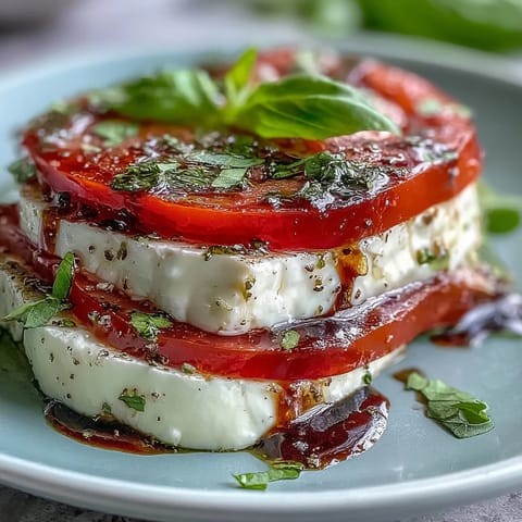 Vibrant Caprese salad with ripe tomatoes, fresh mozzarella, and fragrant basil oil, drizzled for a classic Italian appetizer.