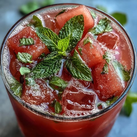 A tall glass of vibrant watermelon mint lemonade with ice, fresh mint, and lemon slices, perfect for a hot summer day.