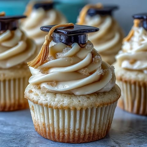 Simple Graduation Cupcakes with Cap Fondant Toppers: Moist vanilla cupcakes topped with creamy buttercream and edible fondant graduation caps.