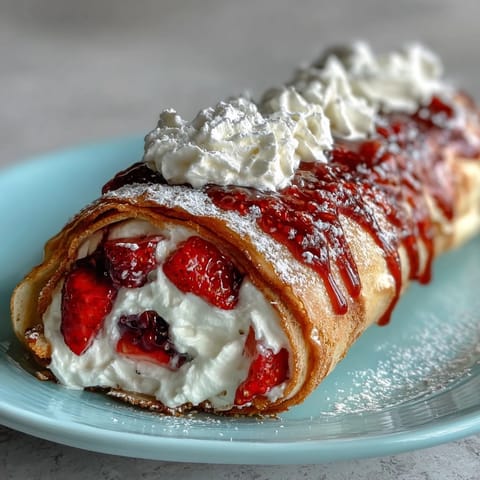 Beautiful crepe roll cake with layers of delicate crepes, fresh berries, and whipped cream, rolled into an elegant spiral dessert.
