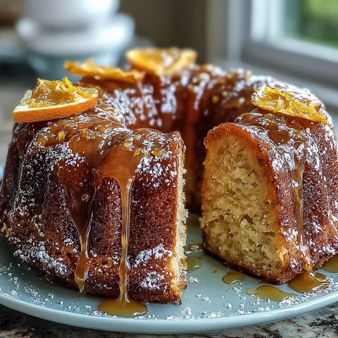 Whole orange cake blending peel and fruit for intense flavor, baked golden and topped with a light dusting of sugar.