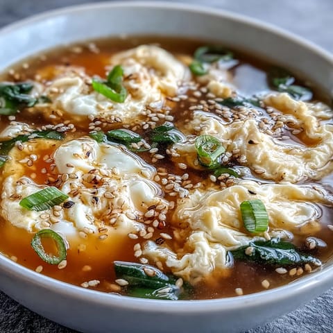 Silky egg ribbons swirl in savory broth, creating a comforting bowl of homemade egg drop soup with fresh scallions.