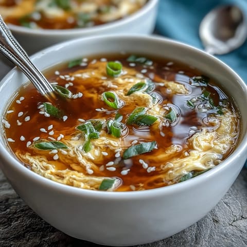 Delicate strands of egg float in aromatic, seasoned broth, showcasing a classic homemade egg drop soup ready to serve.