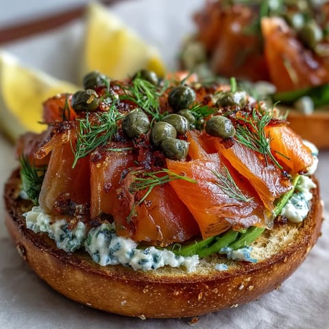 An elegant smoked salmon bagel board with creamy spreads, crisp vegetables, and bright lemon wedges for a festive spread.  