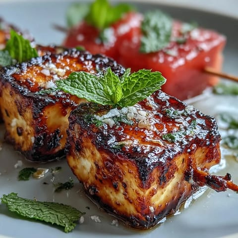 Grilled halloumi skewers with watermelon and mint showcase golden cheese, juicy fruit, and fresh herbs—perfect for summer barbecues.