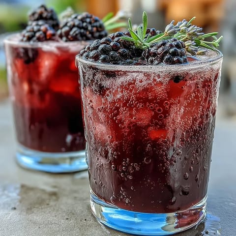 Vibrant blackberry lavender lemonade fizz in a glass with ice, garnished with lemon slices and fresh berries.