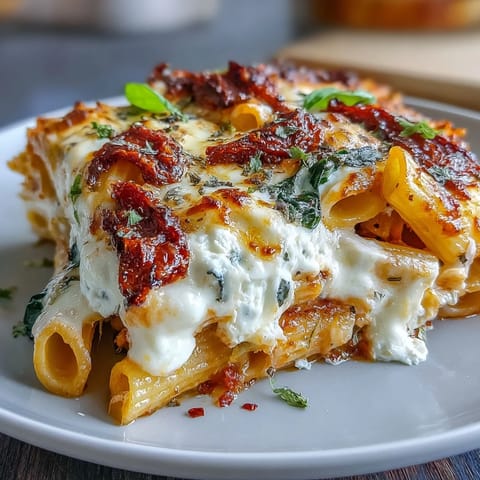 Cheesy baked pasta with sun-dried tomatoes and spinach, topped with melty mozzarella and golden Parmesan crust.  
