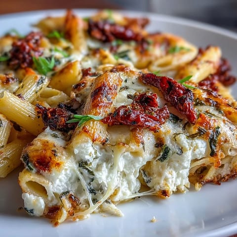 Comforting vegetarian pasta bake featuring sun-dried tomatoes, ricotta, and fresh basil—perfect for weeknight dinners.  