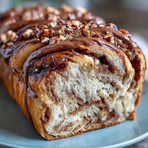 A golden, twisted Nutella babka loaf with rich chocolate-hazelnut swirls and a glossy syrup glaze, perfect for a decadent breakfast or dessert.