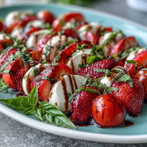 Fresh Strawberry Caprese Salad with mozzarella, ripe and ready for summer.