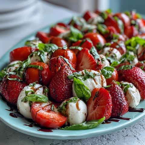 Summery Strawberry Caprese Salad served with basil, glistening balsamic glaze.