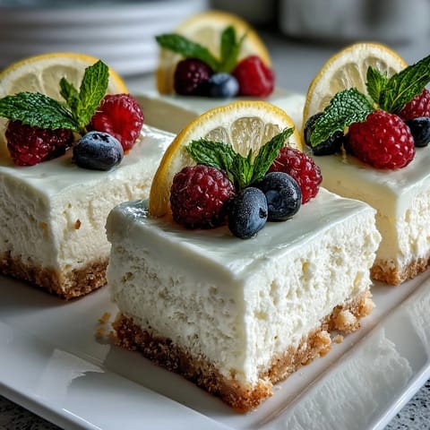 Creamy Skyr Lemon Cheesecake Bars gleaming with tart citrus zest, ready to serve.