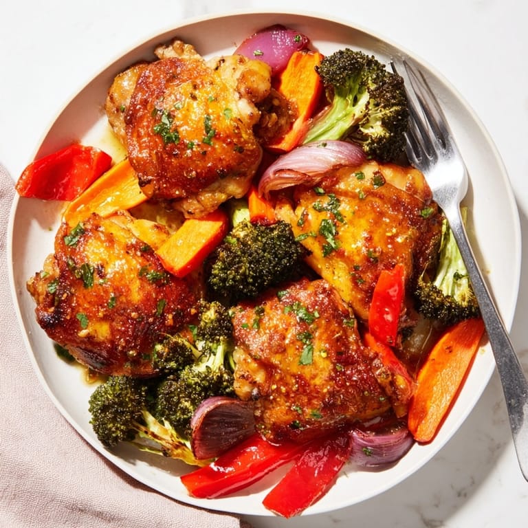 Golden Garlic Butter Chicken Thighs and fragrant roasted vegetables fresh from the oven.