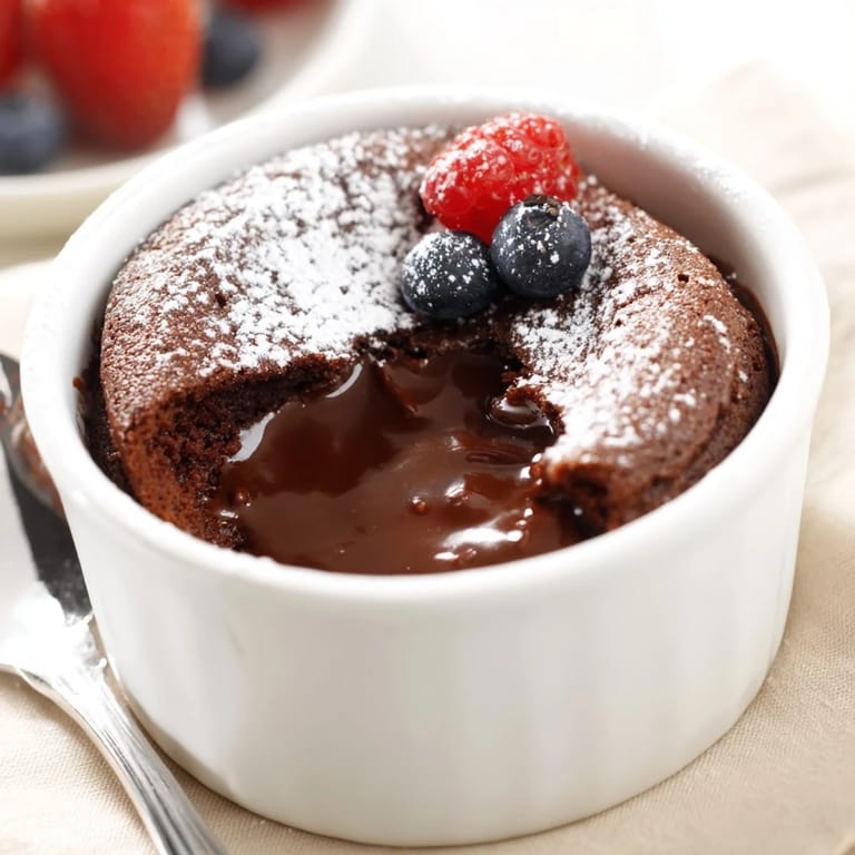 Indulge in warm, decadent Mini Chocolate Lava Cakes served with fresh berries.  