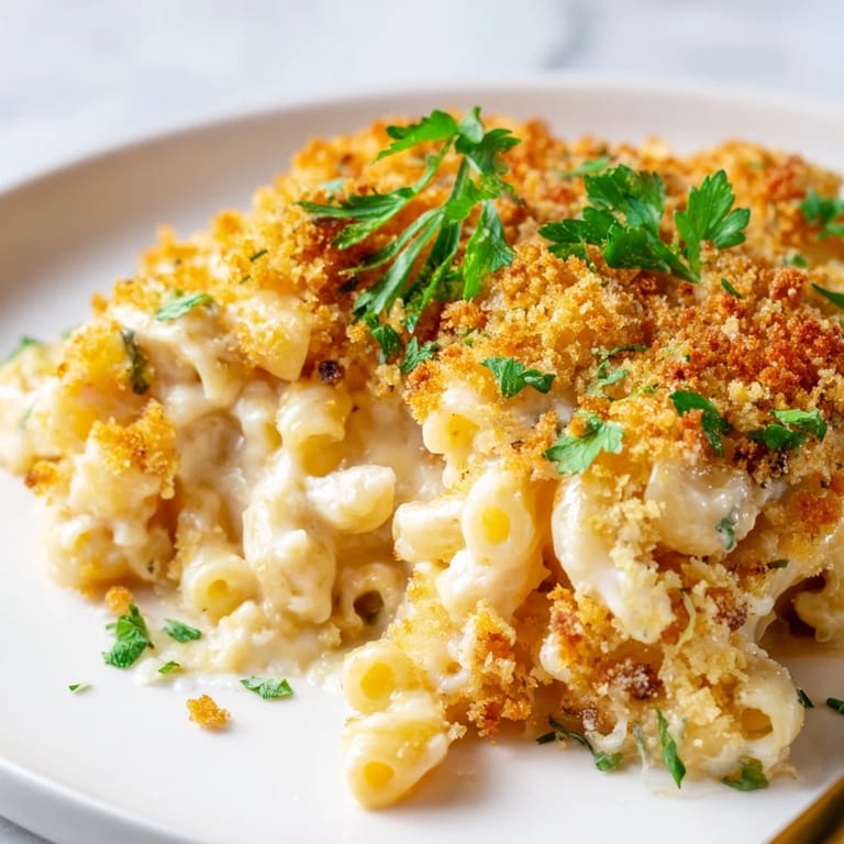 Decadent Baked Mac and Cheese, oozing with cheese and topped with crispy breadcrumbs.  