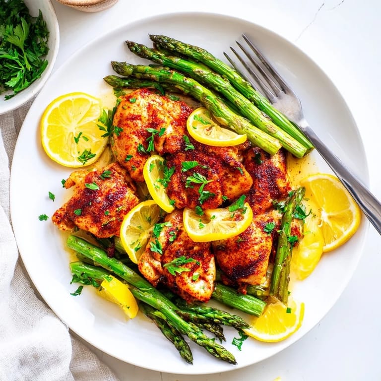 Lemon Garlic Chicken with Asparagus, a colorful dish fresh from the oven.