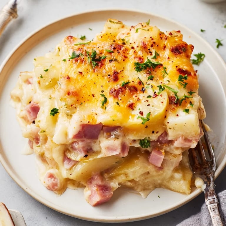 Deliciously baked Creamy Cheesy Potato and Ham Casserole, perfect for family gatherings.  