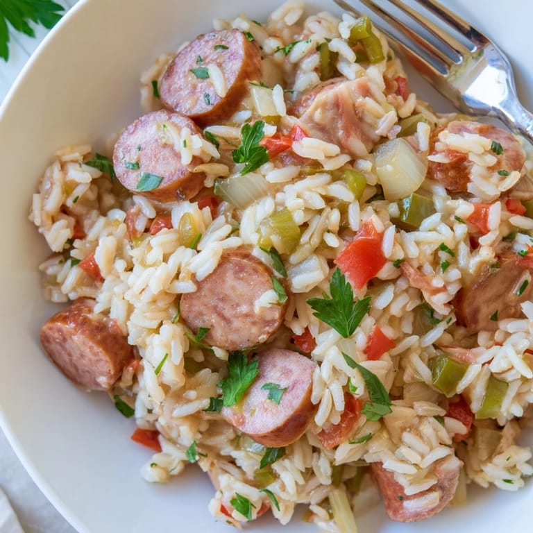 Flavorful one-pan sausage and rice skillet featuring colorful veggies, great for busy family nights.