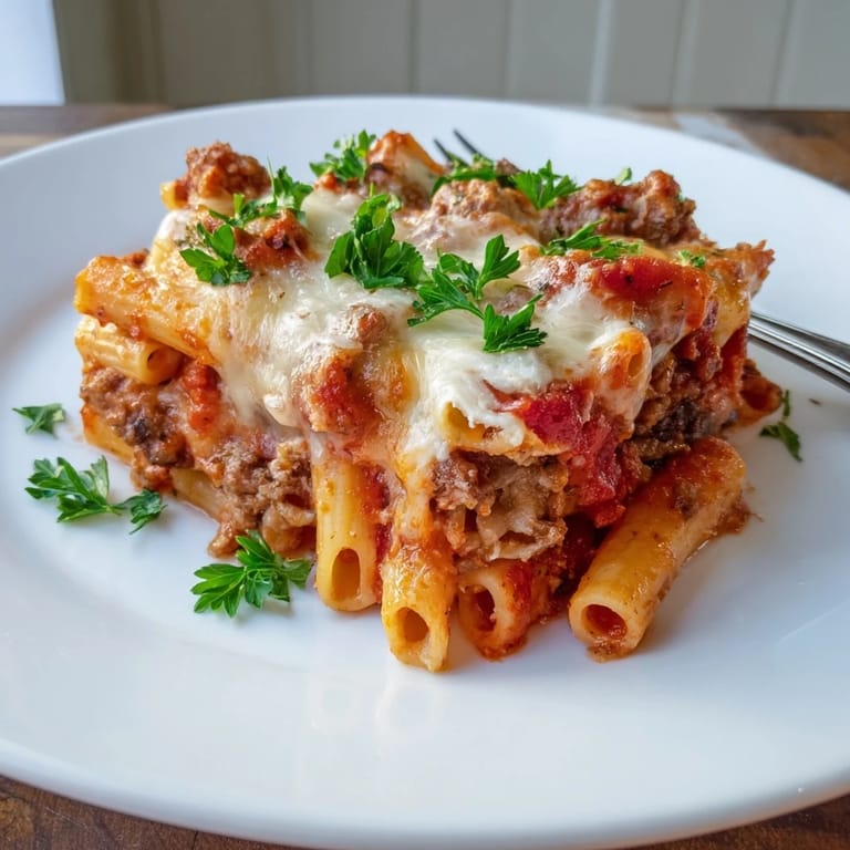 Rich Baked Ziti with Italian Sausage and Mozzarella served hot, inviting all to indulge.  