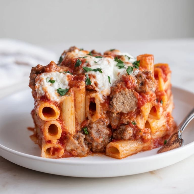 Delicious Baked Ziti with Italian Sausage and Mozzarella layered with savory meat and sauce.