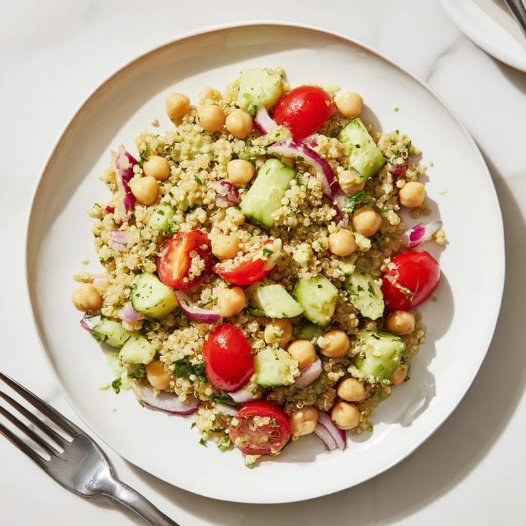 Fresh, vibrant quinoa salad with chickpeas topped with zesty avocado-lime dressing, enjoyed chilled.  