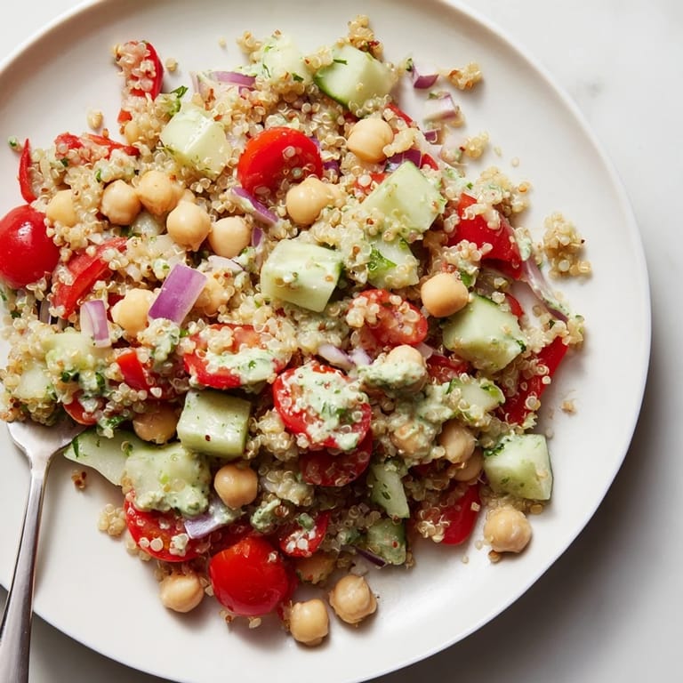 Healthy quinoa salad with chickpeas and rich avocado dressing, ideal for light lunches or dinners.