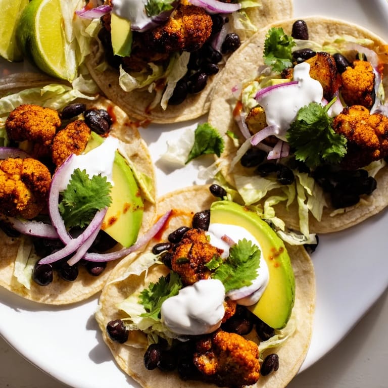 Zesty roasted cauliflower and black beans nestled in warm corn tortillas, ready to enjoy.