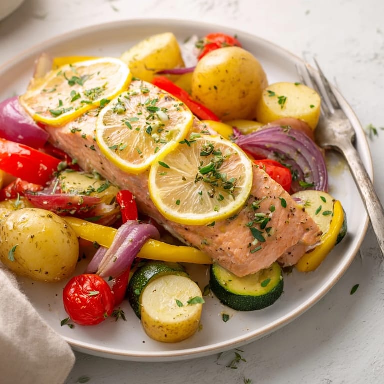 Succulent salmon fillets marinated in lemony herbs, roasted alongside colorful vegetables on a sheet pan.
