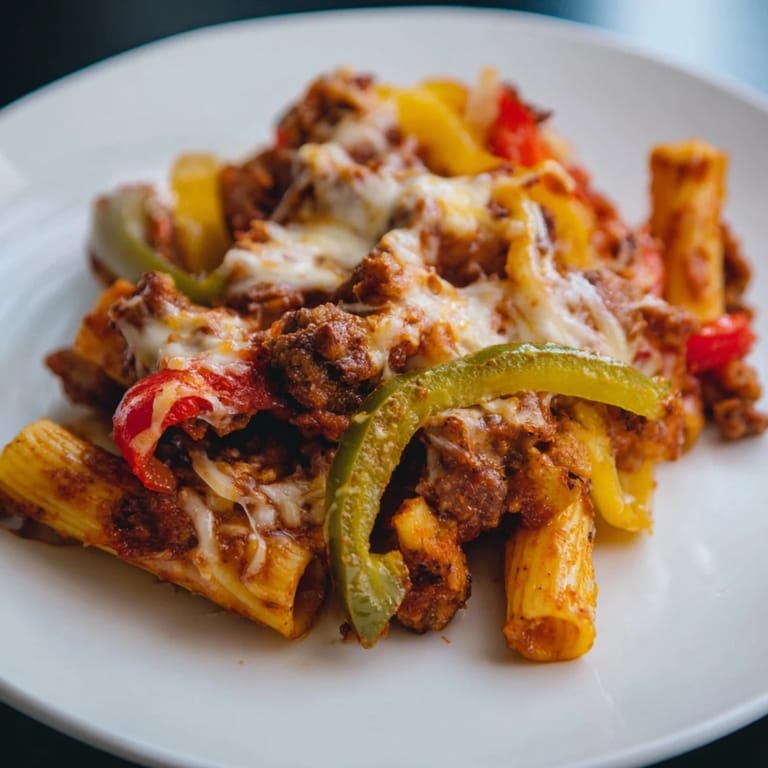 This photo features a close-up of baked rigatoni, showcasing the melted cheese and flavorful sausage and pepper.
